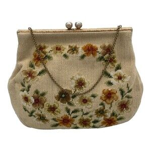 Vintage 60s Christine Needlepoint Purse Petit Point Handbag Floral Kiss Lock
